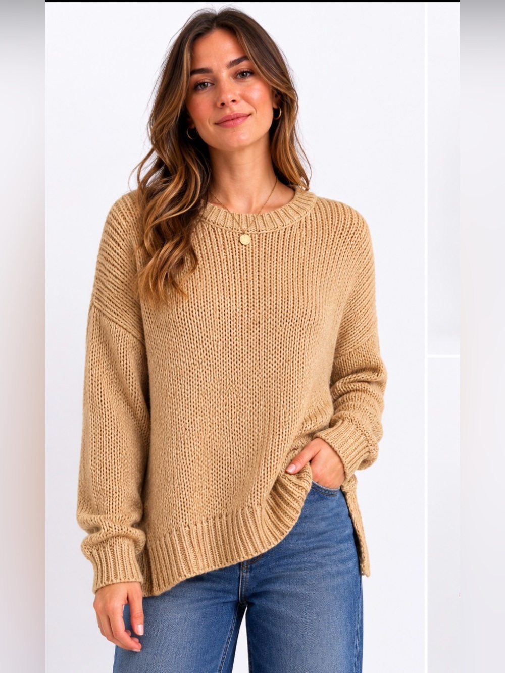 New Look Tall Beige Chunky Knit Sweater Size Medium Oversized Crew Neck